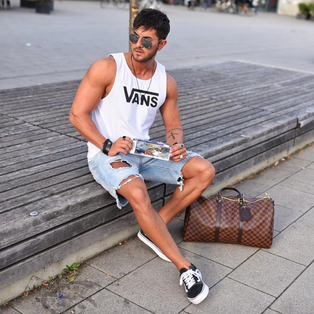 Street wear, white singlet, short jeans, sneaker