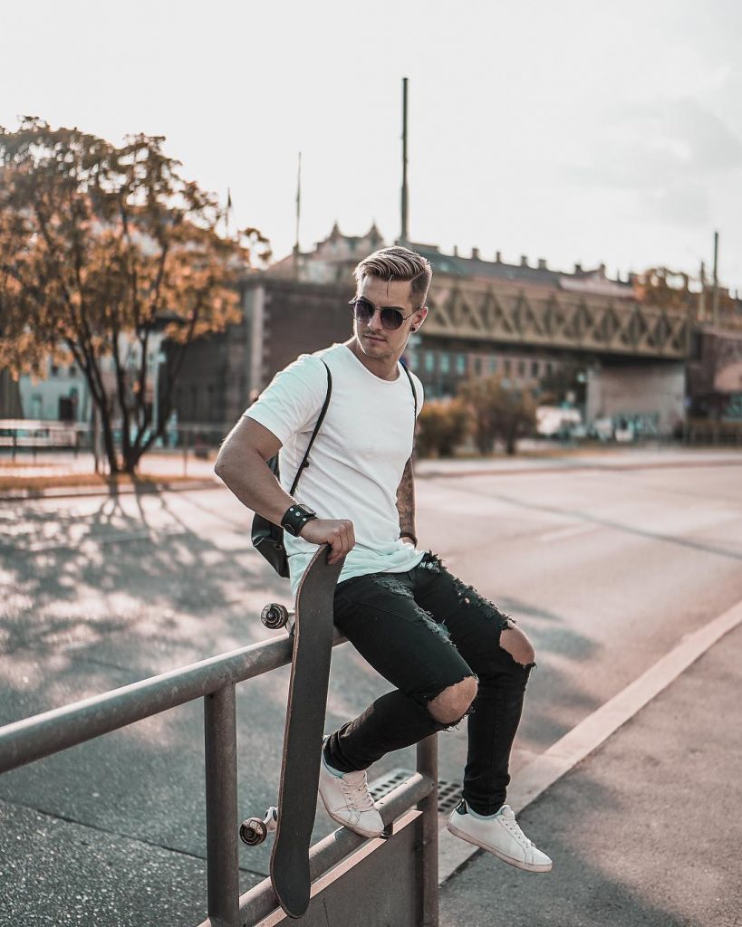 Street wear, white tee, jeans, sneaker