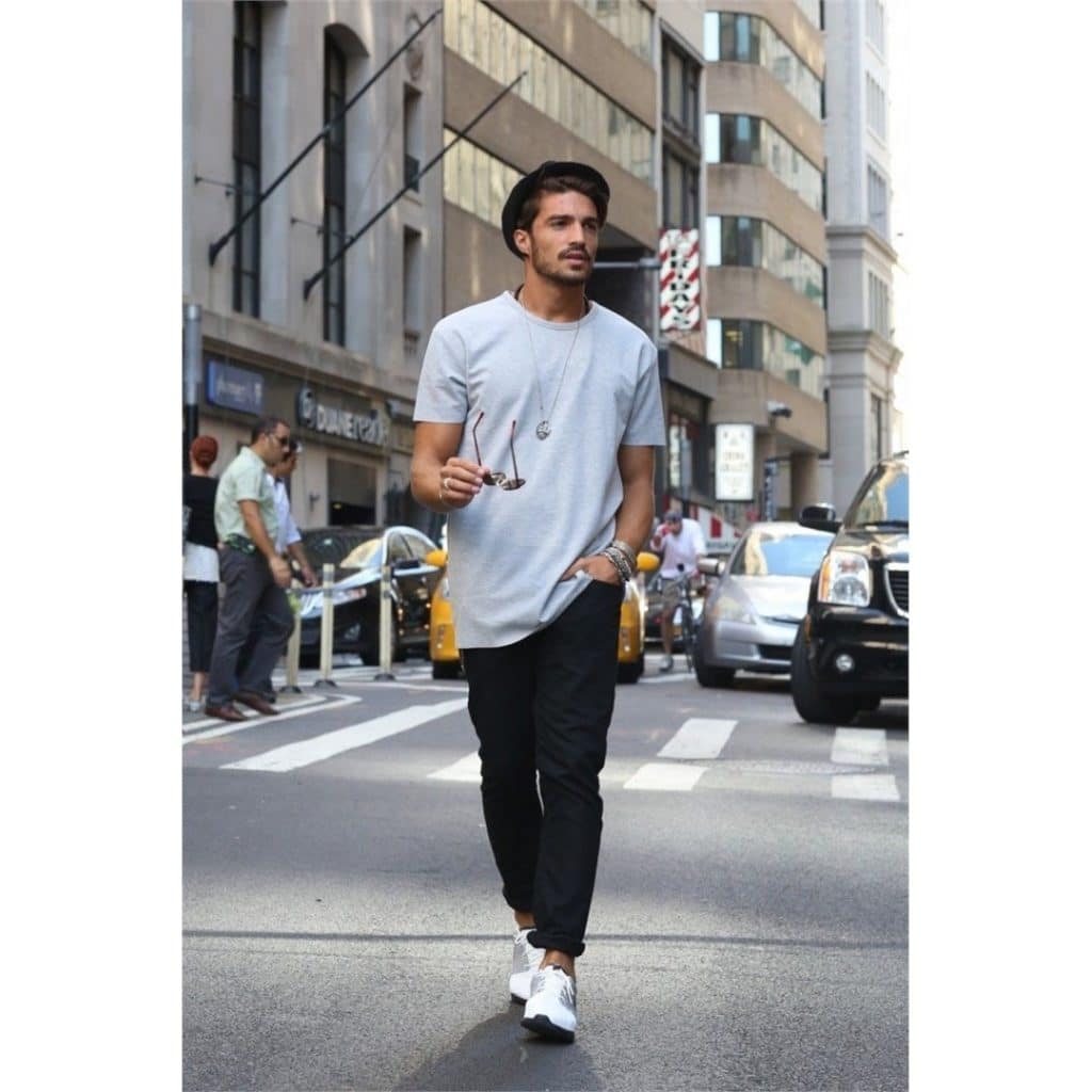 Street wear, white tee, jeans, hat