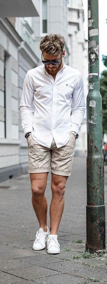 White shirt, beige print short pants, white sneaker