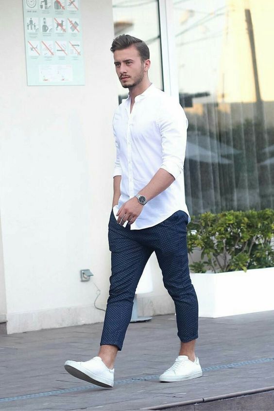 White mandarin collar shirt, blue dotted trousers, white sneaker