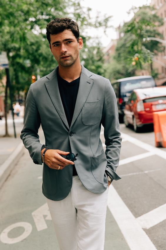 Gray blazer, black tee, white dress pants