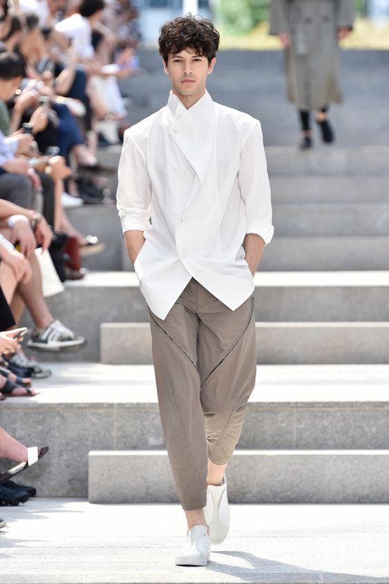 White shirt, brown trousers, sneaker