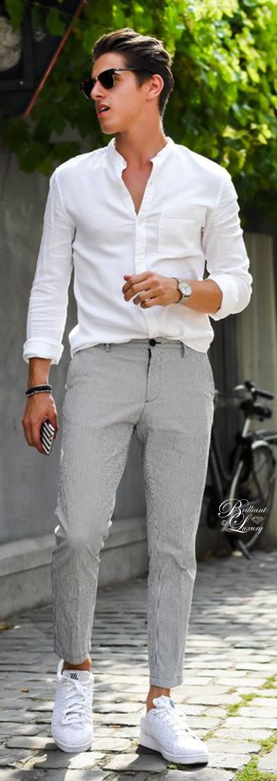 White mandarin collar shirt, wool dress pants, sneaker
