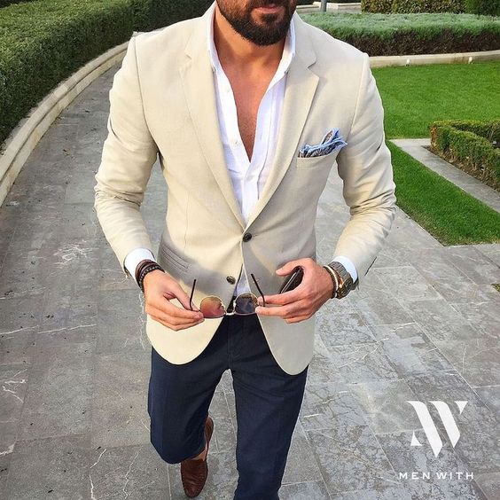 White button-down shirt, blazer, blue trousers, loafers