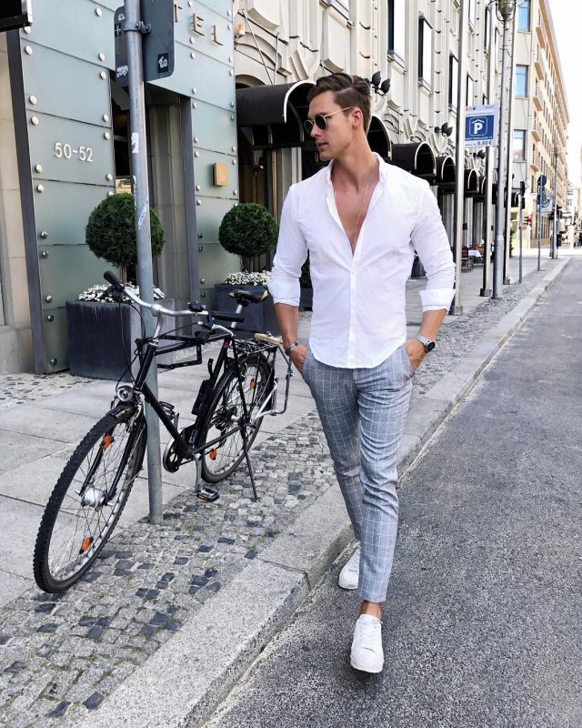 White button-down shirt, gray checked pants, white sneaker 1