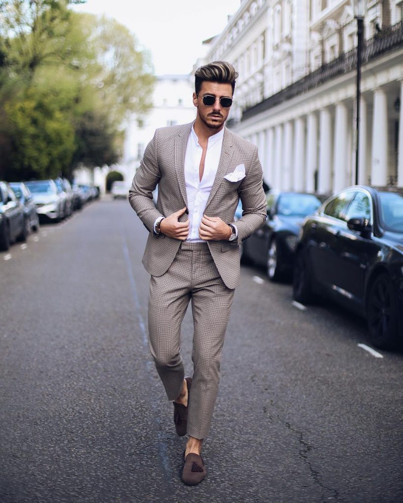 Brown checked suit, mandarin collar white shirt, and slip on shoes