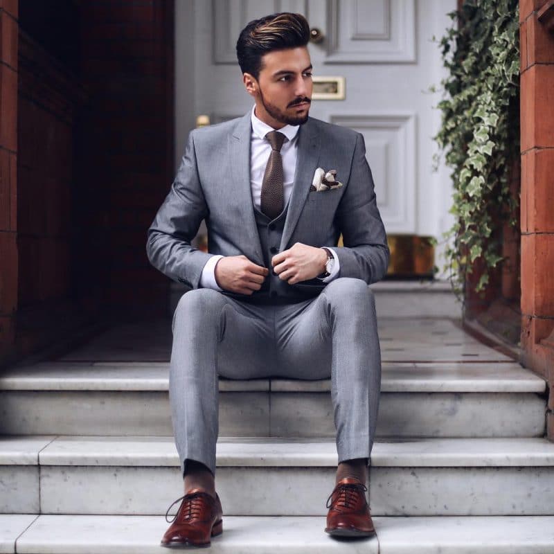 Gray suit with vest plus brown tie and brown Oxford dress shoes