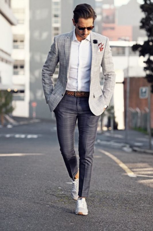 Gray blazer, white shirt, dress pants and sneaker