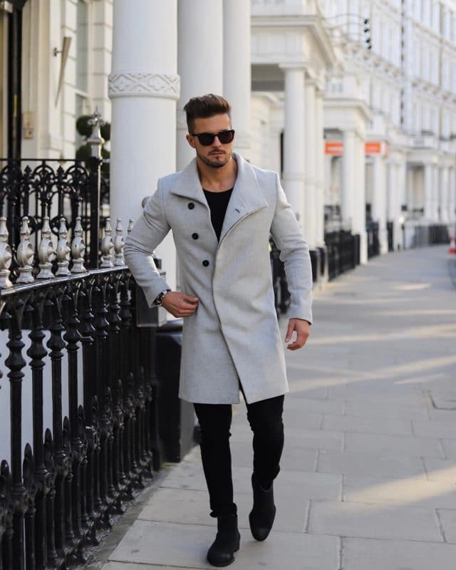 Gray wool overcoat, black tee, jeans, boots