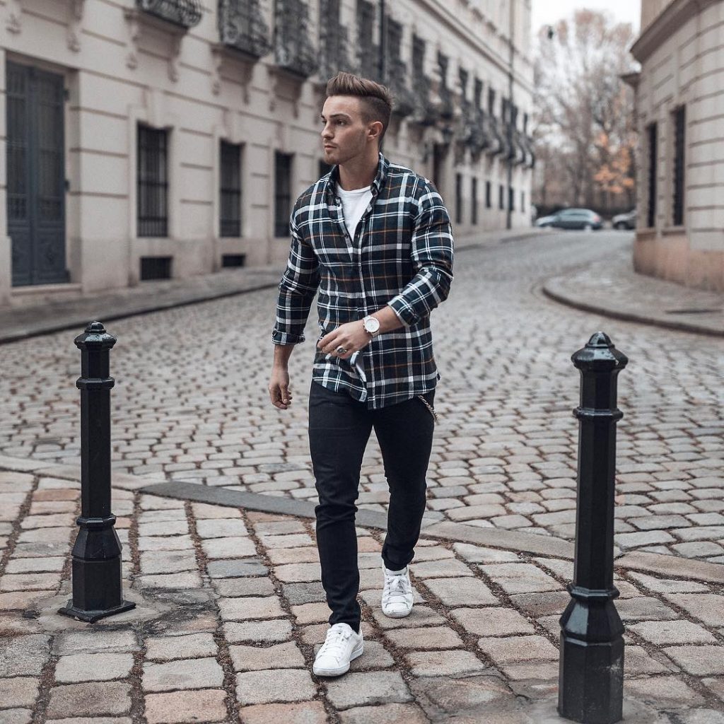 Checked shirt, tee, jeans, sneaker