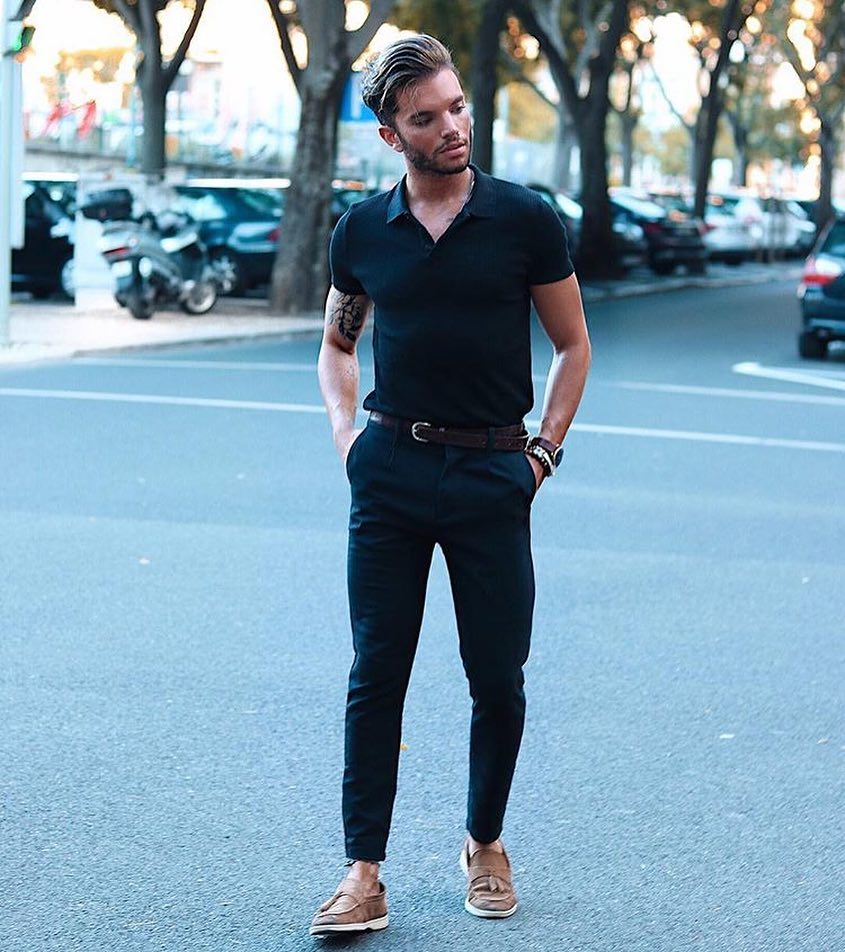 polo shirt and black pants