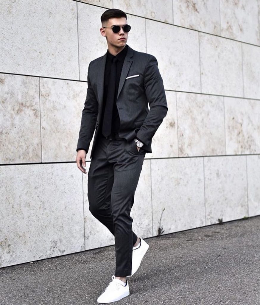 Black shirt, suit, sneaker