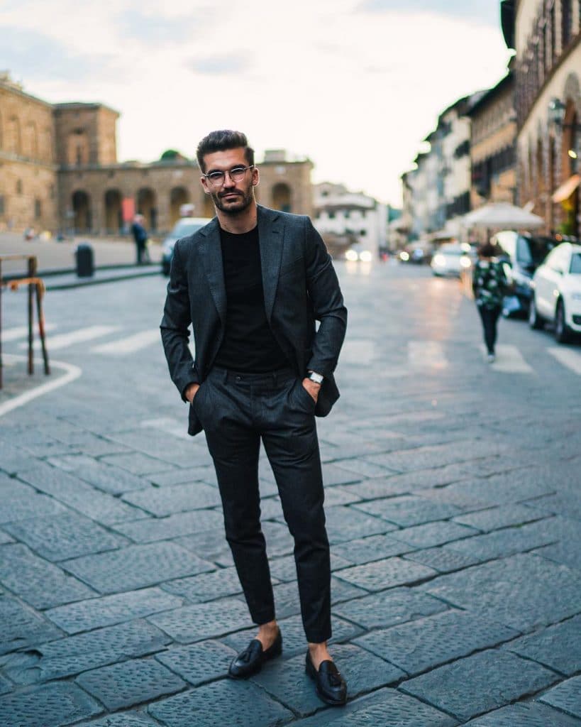 Black tee, suit, loafers