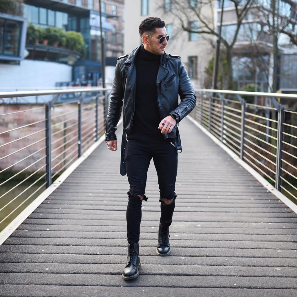 Leather biker jacket, sweater, jeans, leather boots