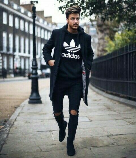 Black overcoat, tee, jeans, sneaker