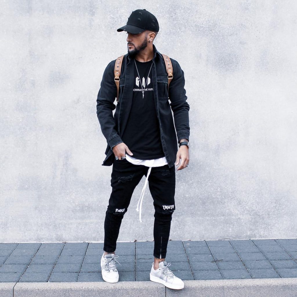 Black denim jacket, tee, jogger pants, sneaker