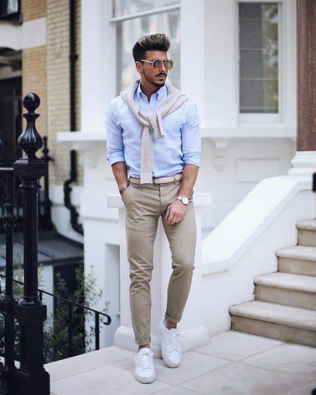 Light blue shirt, chinos pants, and white sneaker