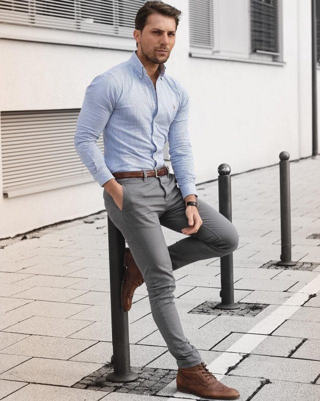 Pinstripe shirts, gray jeans and brown wingtip boots