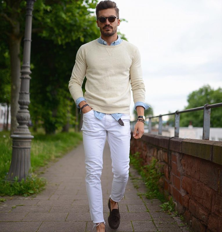 Sweater over shirt, white chinos pants 2