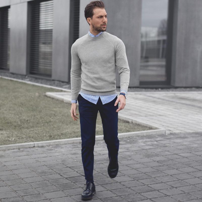 Sweater over shirt, blue trousers 8