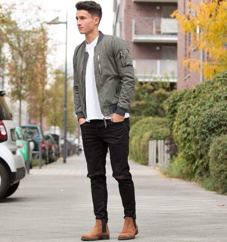 Bomber jacket, white tee, jeans, Chelsea boots