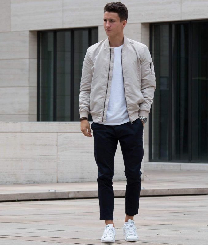 Bomber jacket, white tee, jeans, sneaker