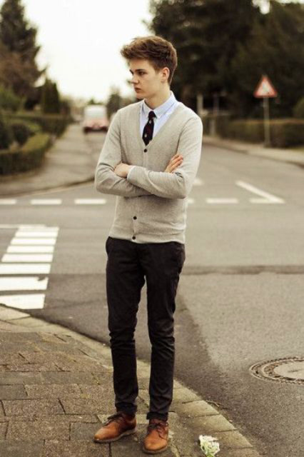 the college freshman -sweater, shirt, tie, trousers, brown shoes.