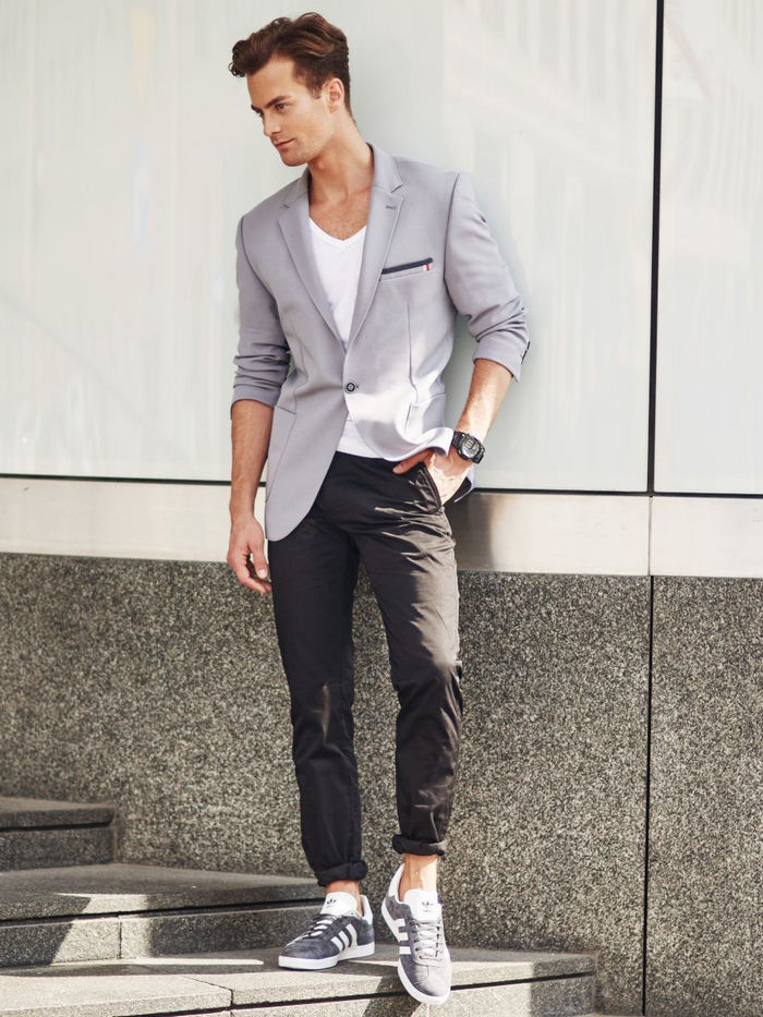 The Rebel - Gray blazer, v-neck white tee, dark gray pants, sneaker 1