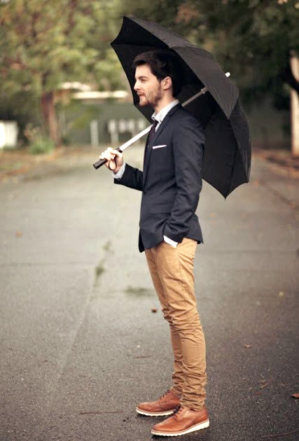 The Young Executive - black suit jacket, orange jeans, white shirt, tie, brown shoes 1