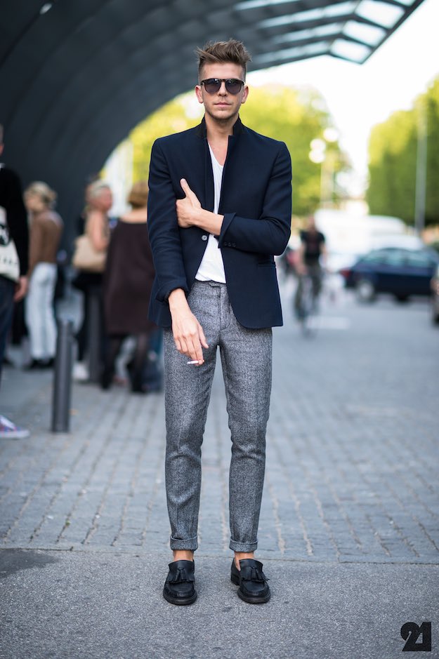 The Lowkey Celeb - blue blazer, white tee, wool pants, loafers 1