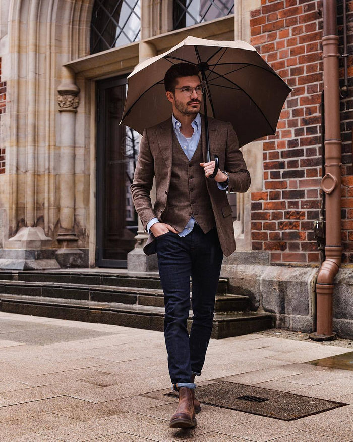 The Young Professor - brown blazer, vest, blue shirt, singlet, dark blue jeans, brown boots. Men's Fall outfit for wedding