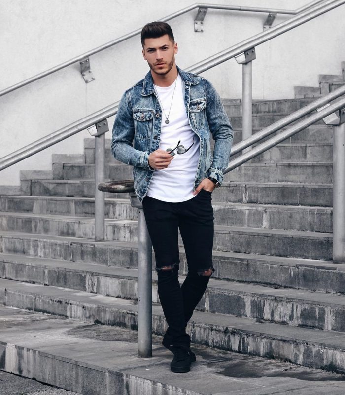 denim shirt black jeans white shoes