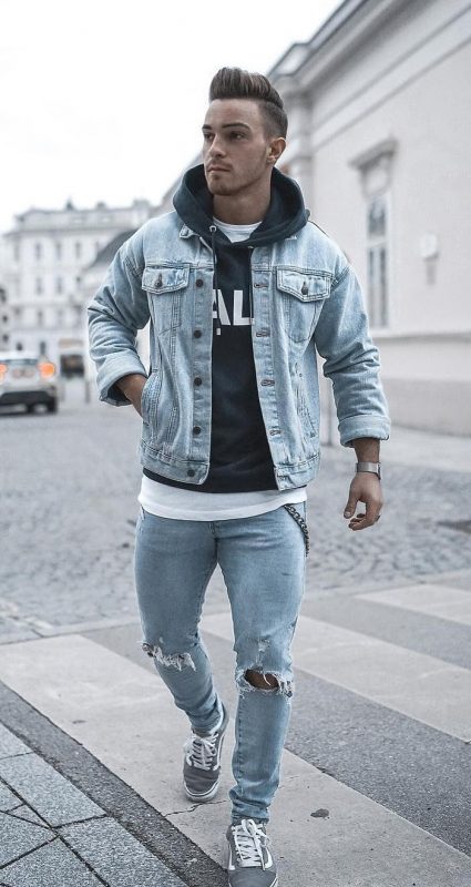 Denim jacket, hoodie sweatshirt, jeans