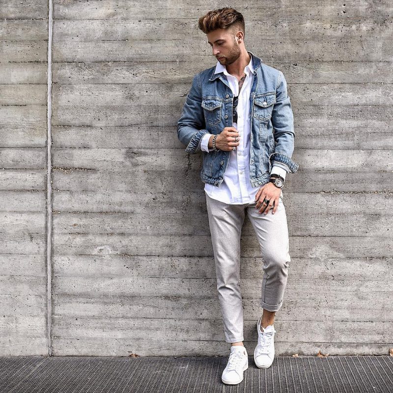 Denim jacket, dress shirt, trousers 3