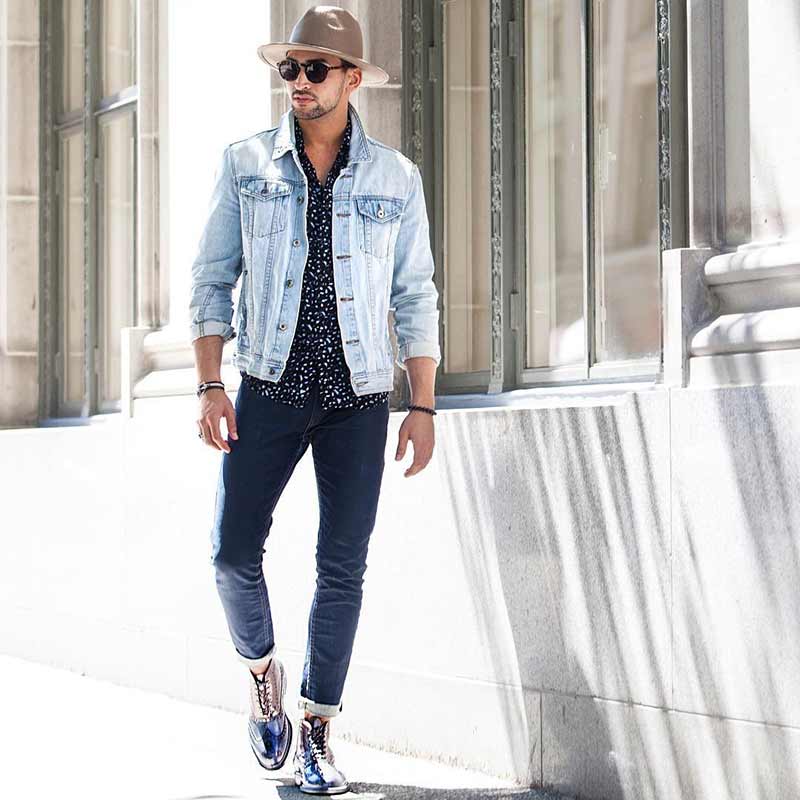 Denim jacket, dress shirt, jeans