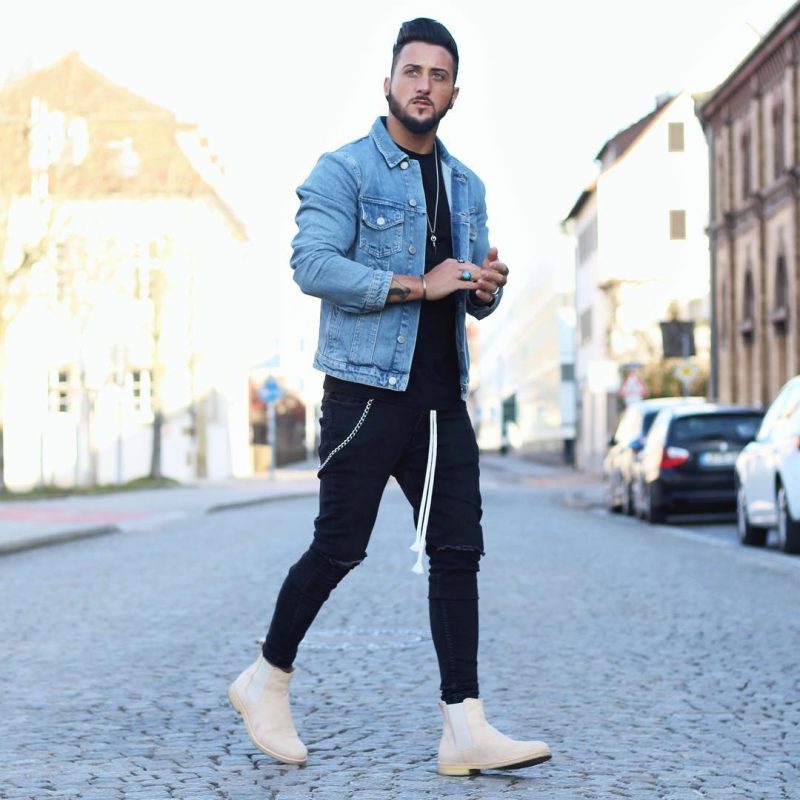 Denim jacket, black tee, jeans