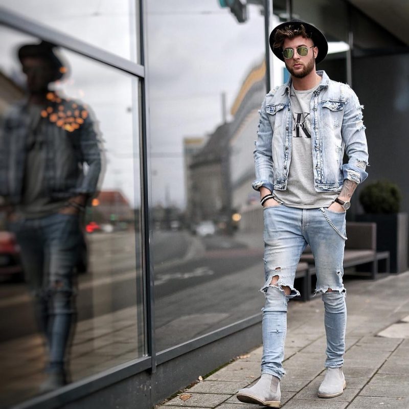 Denim jacket, gray tee, blue jeans