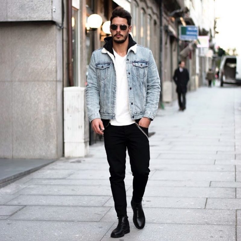 Shearling denim jacket, white tee, black jeans