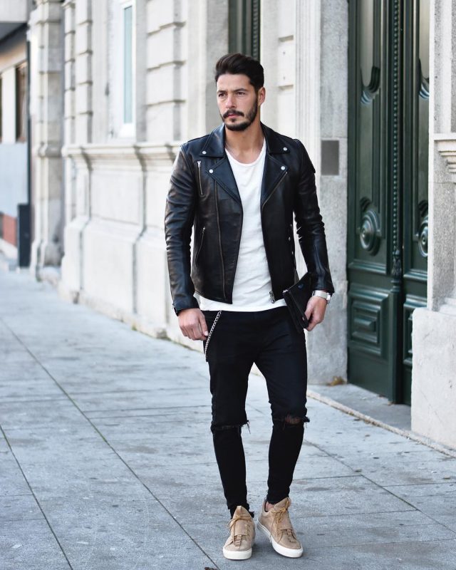 Leather biker jacket, tee, jeans, sneaker