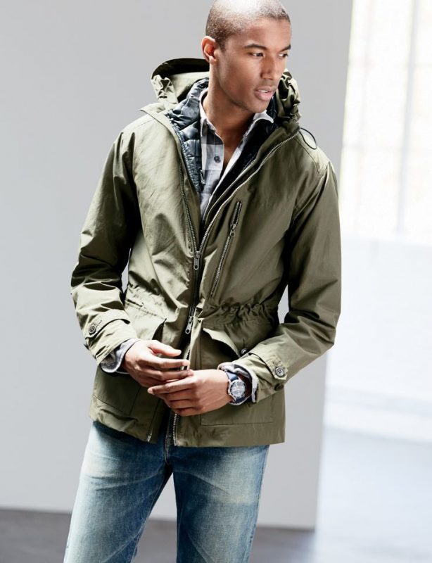 Parka jacket, shirt, jeans