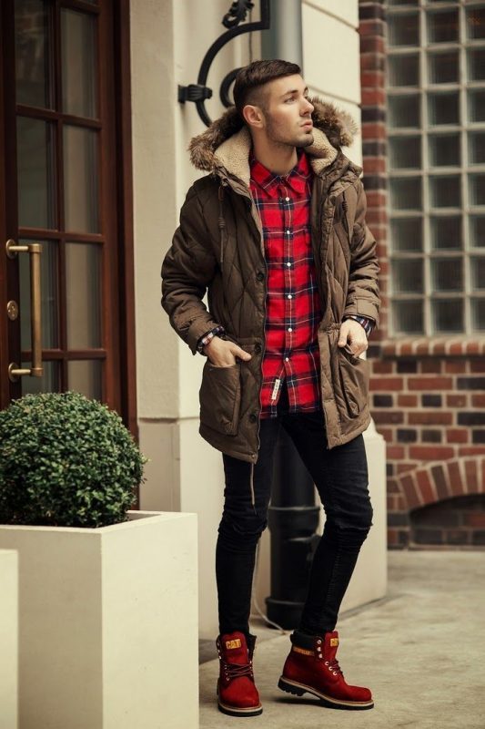 Parka jacket, shirt, jeans