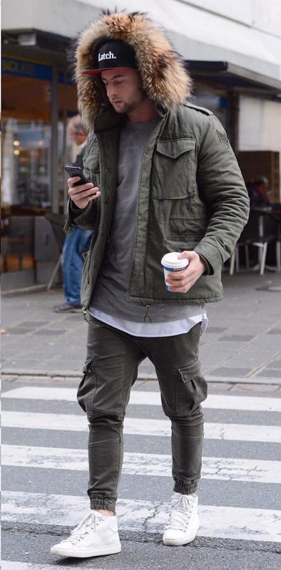 Parka jacket, gray tee, cargo pants