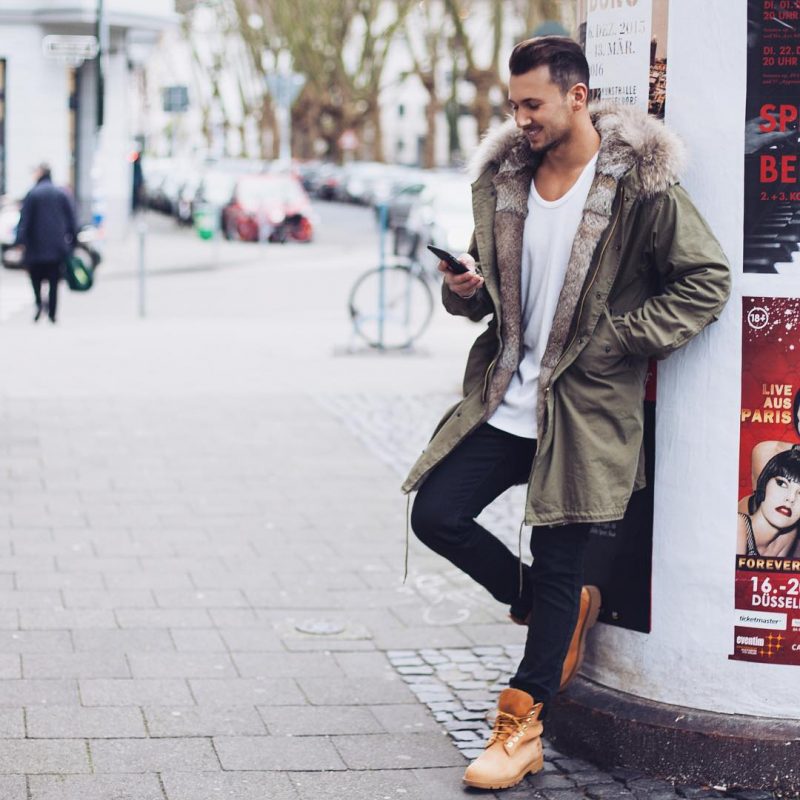 Parka jacket, white tee, jeans