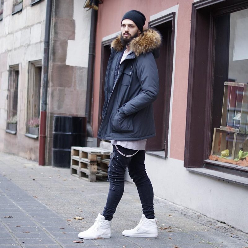 Parka jacket, white tee, beanie hat, jeans