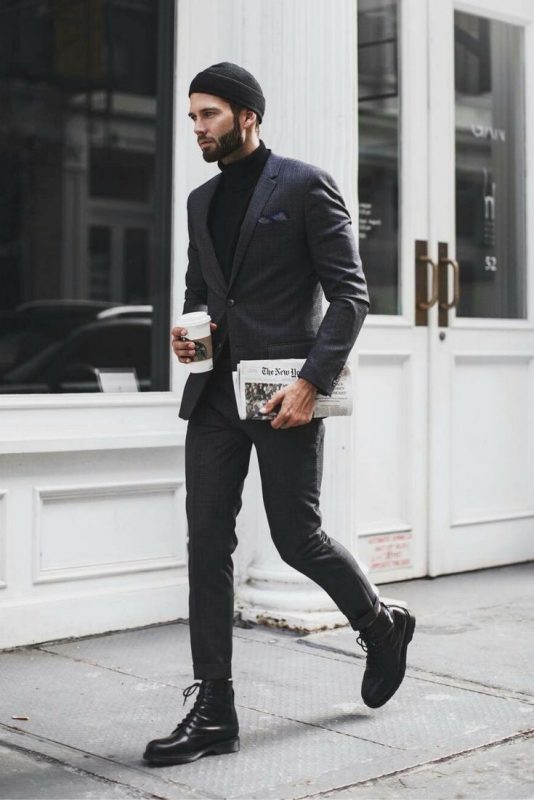 Black cuffed beanie hat, turtleneck sweater, checked suit, black leather boots 1