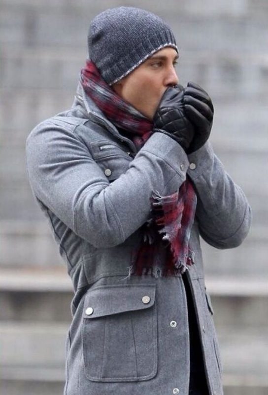 Dark gray slouch beanie hat, gray jacket, checked scarf, leather gloves 1