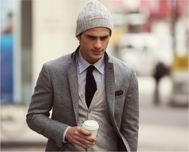 Cuffed slouchy beanie hat, pinstripe shirt, black tie, gray cardigan, gray blazer 1 