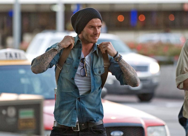 David Beckham with black slouch beanie hat, white tee, denim overshirt 1