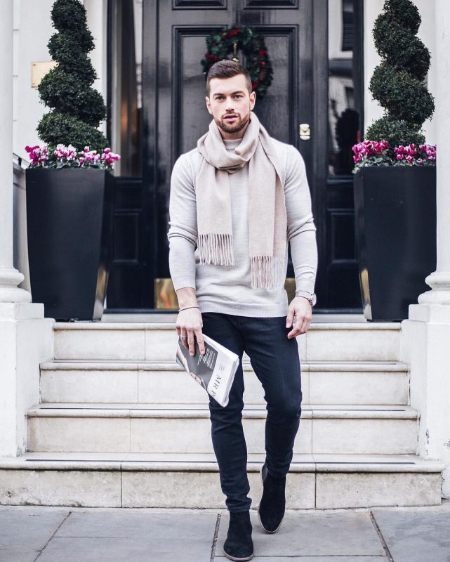 Gray sweater, scarf, black jeans, black suede boots 1